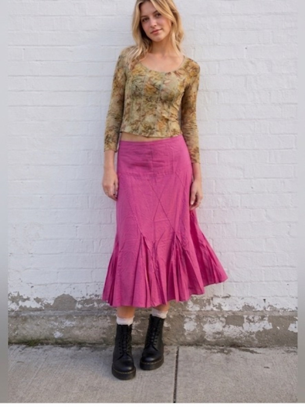 Vintage April Cornell Fuchsia Pink Paneled Pleated Midi Skirt Size Medium